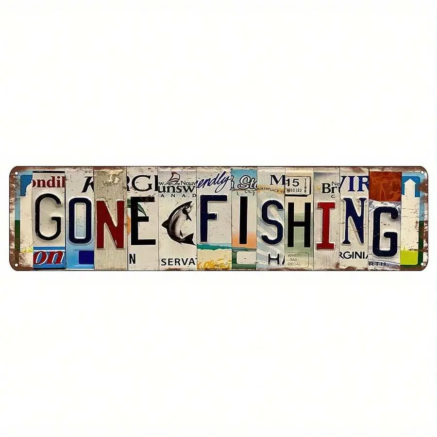 Vintage "Gone Fishing" Aluminum Metal Sign (16x4 in) - Rustic Screw-Mounted Wall Hanging Art, Coastal Home Decor Gift, Bar Accessory Specialty Plaque