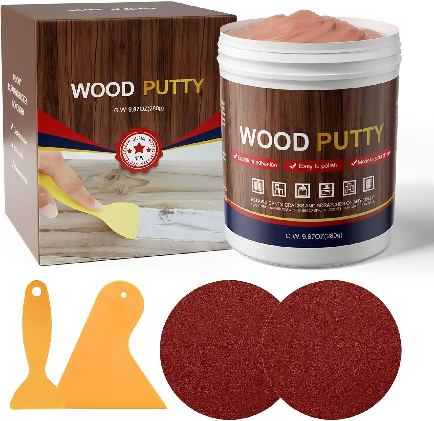 Mahogany  Filler - Paintable, Stainable, Sandable. Quickly Repair Holes, Cracks, Chips, , and Scorched Areas of Wooden Furniture