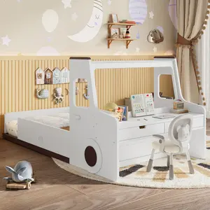Bellemave Car-Shape Twin Size Sturdy Platform Floor Bed for Kids - Low Profile Upholstered Bed Frame, Pine & MDF Build, Playful Contours, Storage Drawers, Built-in Desk, Easy Setup, Sturdy Platform Bed