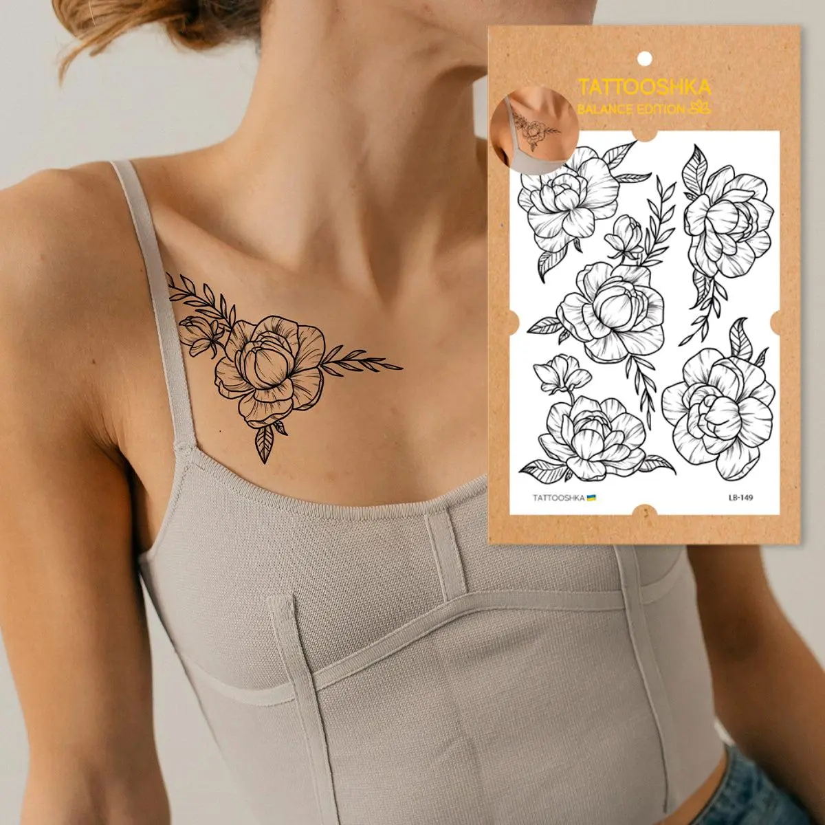 Ukrainian peonies (LB-149). Temporary tattoos. Party tattoos. Kids tattoos. Custom design. Tattoo sets. Ukrainian. Realistic. Waterproof