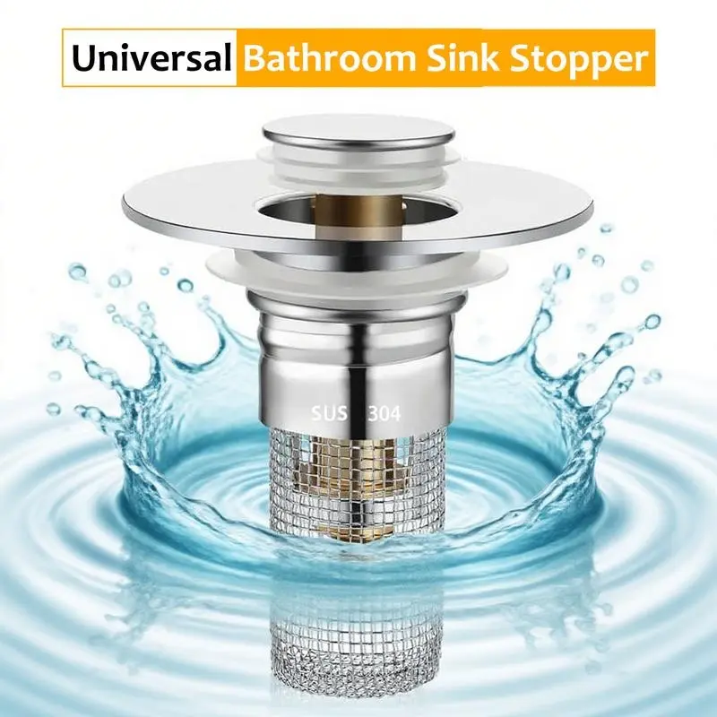 [Free Ship] Universal Pop Up Sink Drain Stopper, 304 Stainless Steel Removable Hair Catcher Filter Basket, Anti-Clog Anti-Odor Wash Basin Drain Plug, Fit 34-40mm Bathroom Vanity Sink Hole