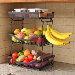3 Tier Countertop Fruit Mesh Basket for Kitchen, Vegetable Storage Bread Fruit Bowl Stand with 2 Banana Hooks, Wall Mounted Metal Wire Basket Organizer for Potato Onion, Black