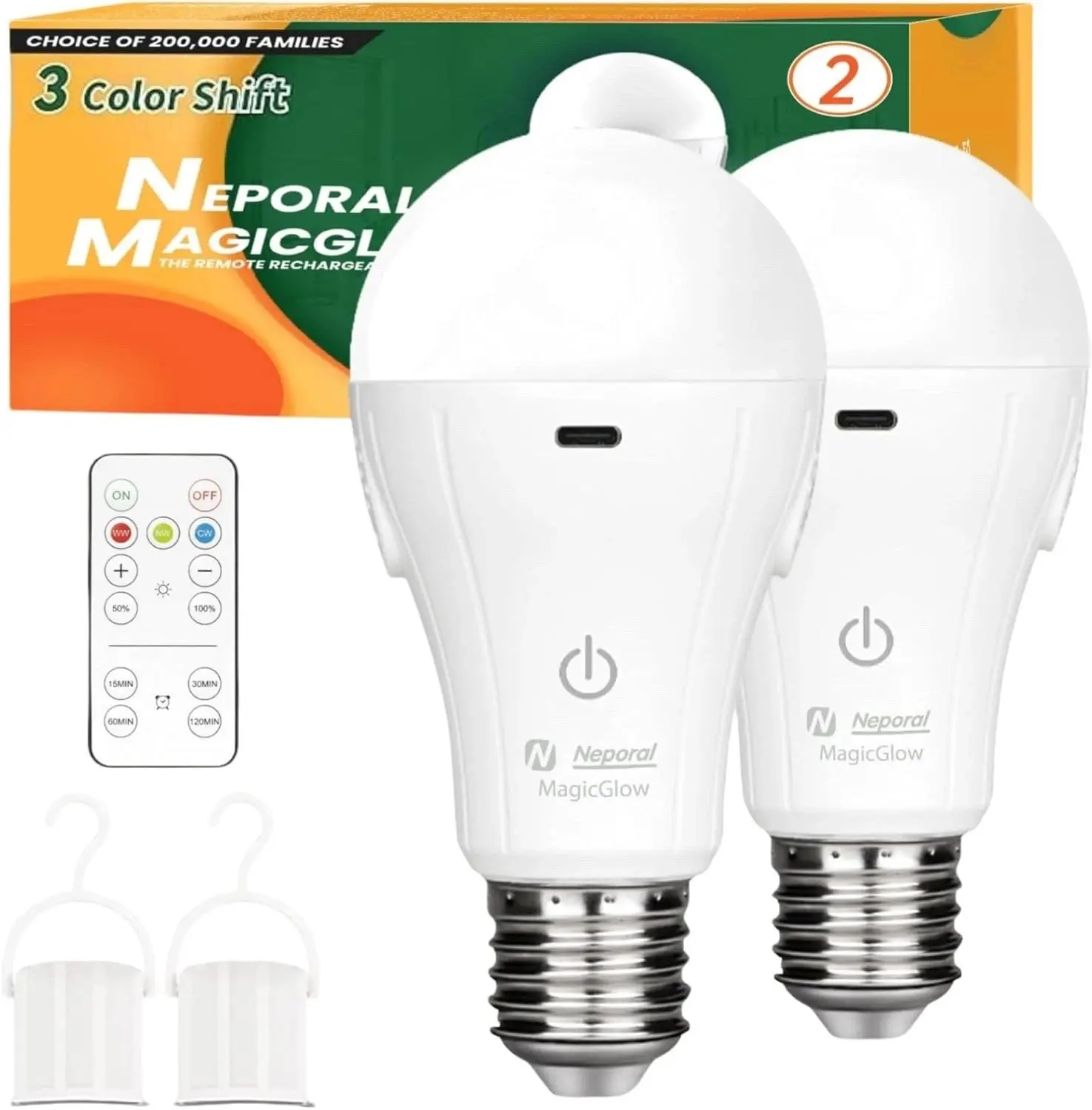 Neporal 2-Pack UL Certified 15W Equivalent A19 USB Powered LED Reptile Bulbs, E26 Socket, Aluminum Base, Remote Control, 3 Color Temperatures, Stepless Dimming, Portable Hook for Closets, Color Changing