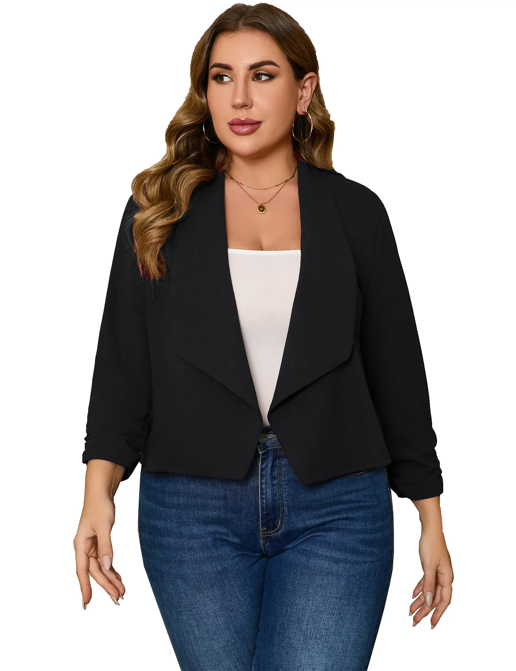 YF Clearance Sale! Plus Size Open Front Cropped Cardigan, Ruched Sleeve Waterfall Collar Casual Blazer  Outfits Chic Stretchy Everyday Fabric Style Blouses Womenswear