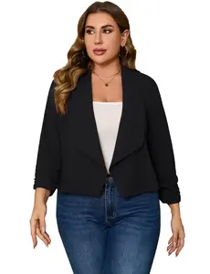 Clearance Sale! Plus Size Open Front Cropped Cardigan, Ruched Sleeve Waterfall Collar Casual Blazer