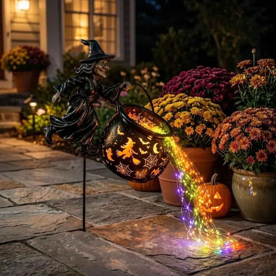 Halloween Witch Pouring Magic LED String Lights Yard Stake, Spooky Cauldron Garden Stake Decoration for Outdoor Lawn Pathway Party Prop Decor