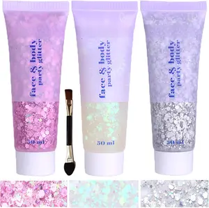 Face Glitter Gel: Singer Concerts Disco Festival Rave Accessories Face Glitter Makeup 150ml Chunky Sequins Mermaid Face Body Hair Glitter Gel (White&Silver&Pink)