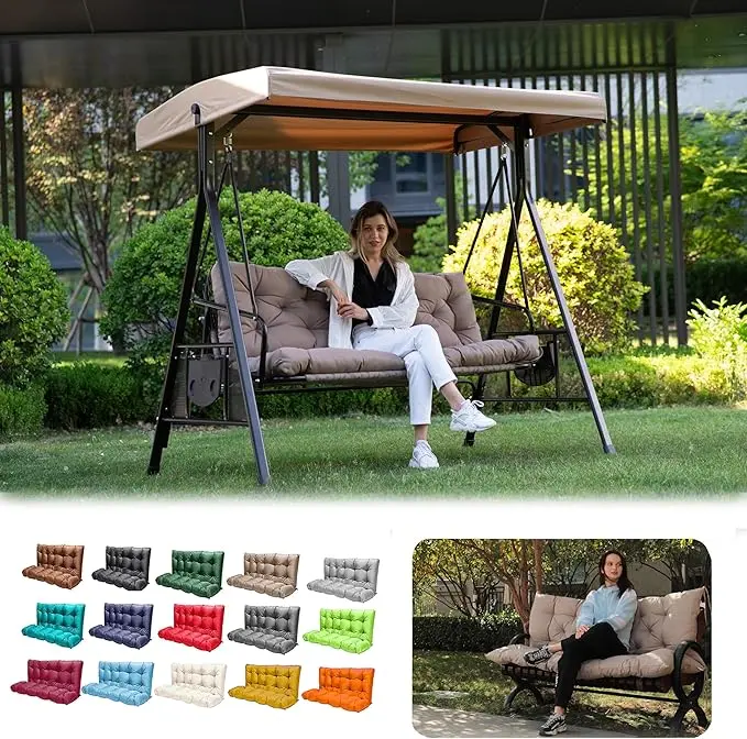Porch Swing Cushions,Outdoor Cushions 3 Seater Replacement with Backrest, Waterproof Thickened Bench Cushion with Ties for Porch, Patio,Outdoor, Backyard and Garden