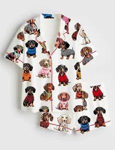 Sausage Dog Martini Satin Sleepwear Women, Dachshund Print Pajama Set, Silky Short Sleeve Nightwear, Cozy Gift for Animal Lovers