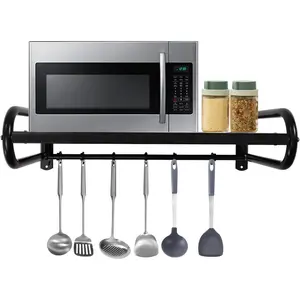Wall Mount Microwave Oven Shelf Rack for Kitchen Home, Carbon Steel Counter Countertop Holder with Fixing Kit (Black) Installation Light