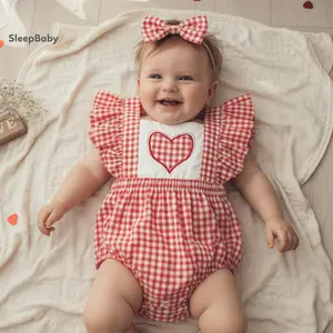 Newborn Girl Outfit, Fly Sleeve Plaid Embroidery Heart Romper With Hairband Valentine’s Day Clothes Flying Sleeve Checkered Baby  Suit