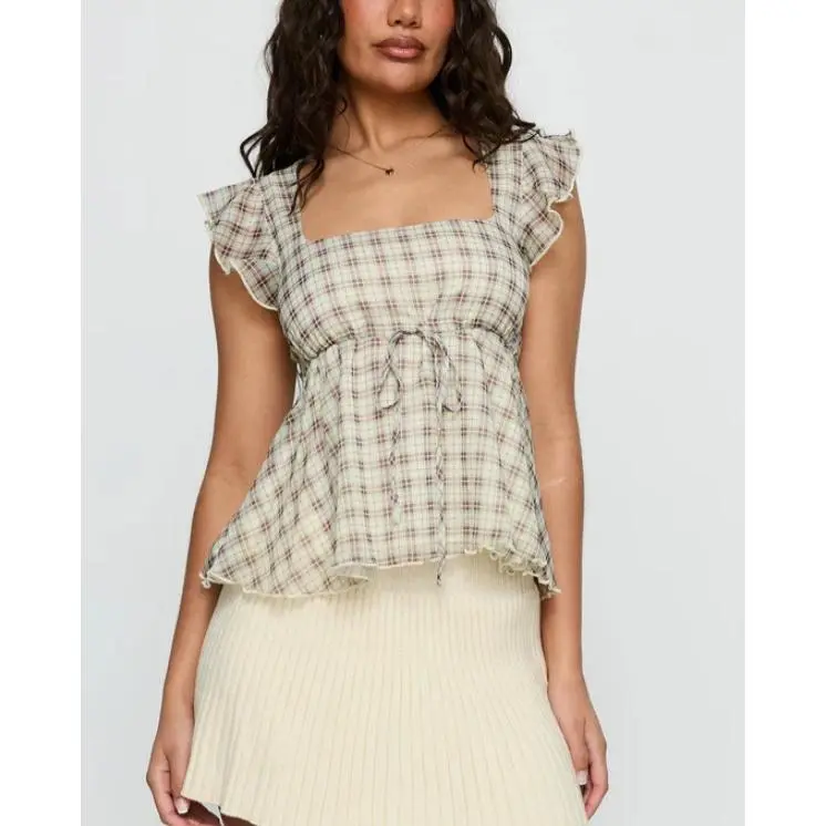 Women's Plaid Tank Tops Summer Fashionable Cute Square Neck Sleeveless Ruffle Shirt
