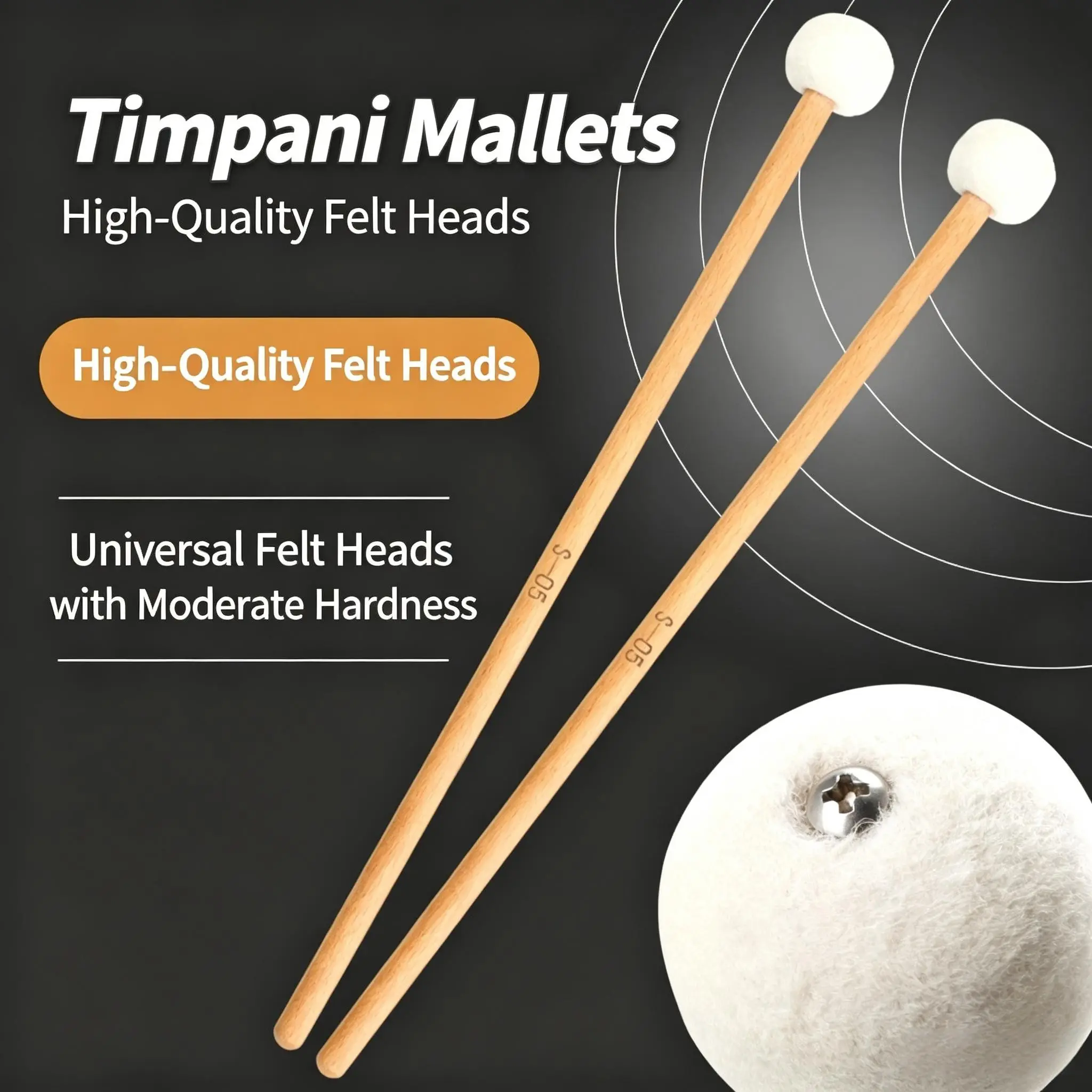 Beginner Timpani Mallets Pair, White Felt Head Percussion Mallets for Orchestral Timpani Practice Rehearsal and Performance
