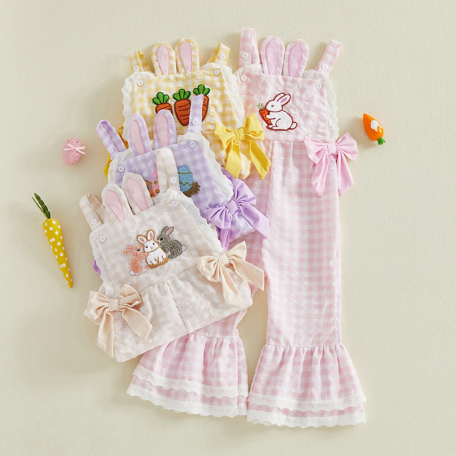 Toddler Baby Little Girls Plaid Jumpsuits Easter Egg Embroidery Sleeveless Bell-Bottom Overalls 1-5 Years