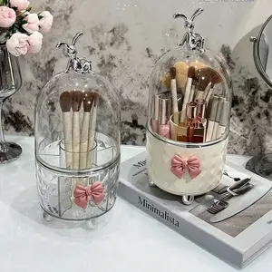Rotating Makeup Brush Organizer with Lid, Segregated Cosmetic Storage Box for Vanity, Stylish Desktop Decor for Beauty Essentials
