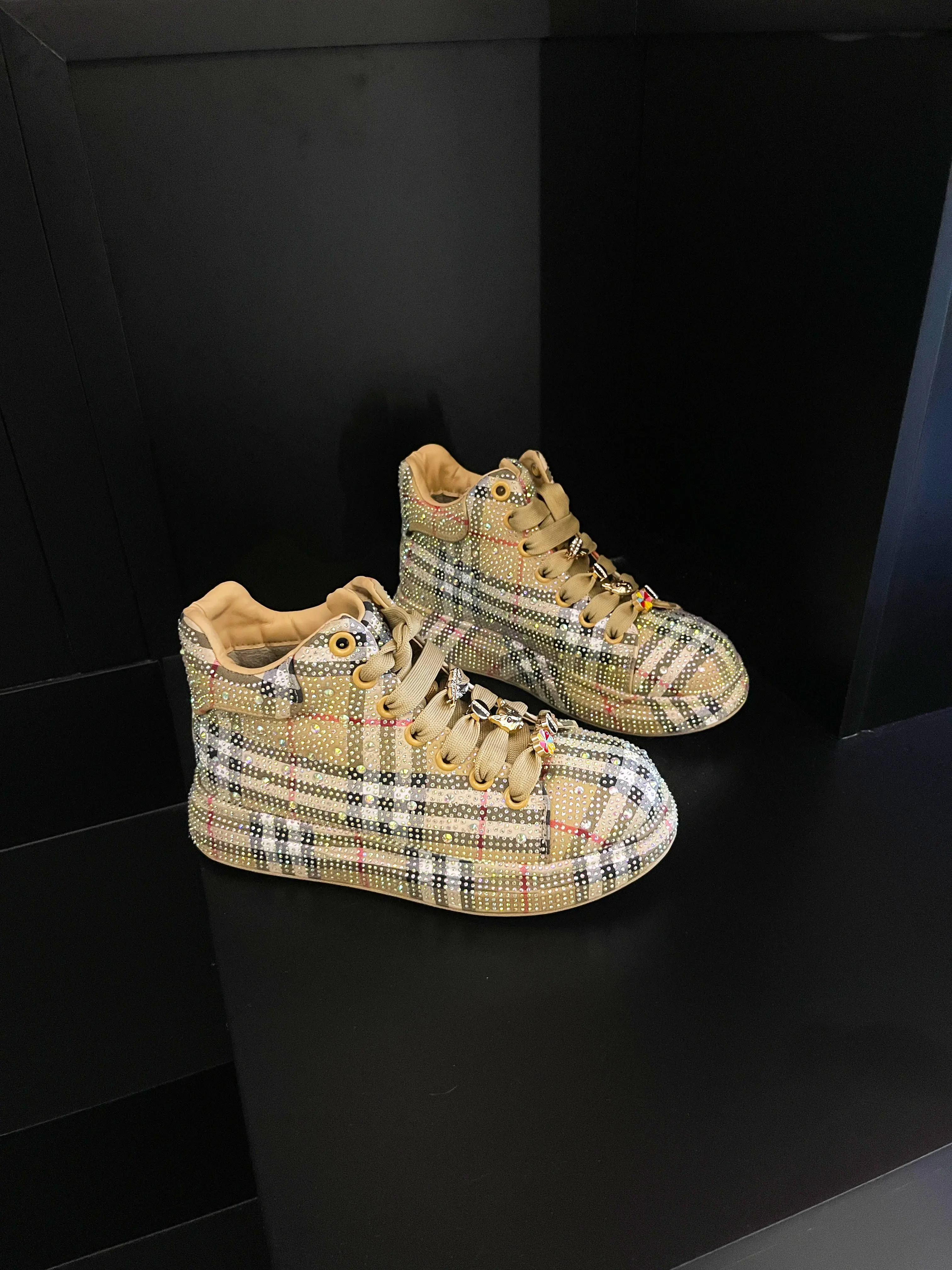 Women's Chunky Fashion Athletic Sneaker, High Top Checkered Canvas with Rhinestones and Cushioned Max Platform Foam Sole, Chunky Fashion Sneakers, Max Platform Sneaker