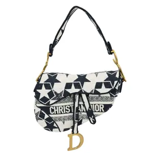 Pre-owned Dior Embroidered Stars Canvas Shoulder Bags Christian Saddle Hobo Bag White