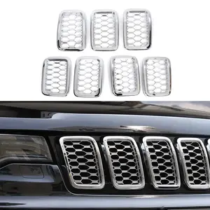 7-Piece Self-Adhesive UV Resistant Front Grille Insert Ring Cover Trim Bezel Decor, Car Exterior Accessory for 2017-2020 Jeep Grand Cherokee WK2