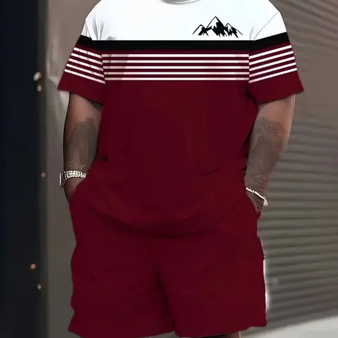 Men's Casual Tropical Set, 3D Digital Print Striped Stripe, Short Sleeve and Plus Size Shorts, Ultra-Plus Size, Oversized, Loose-Fitting, All Seasons, Menswear, Clothes