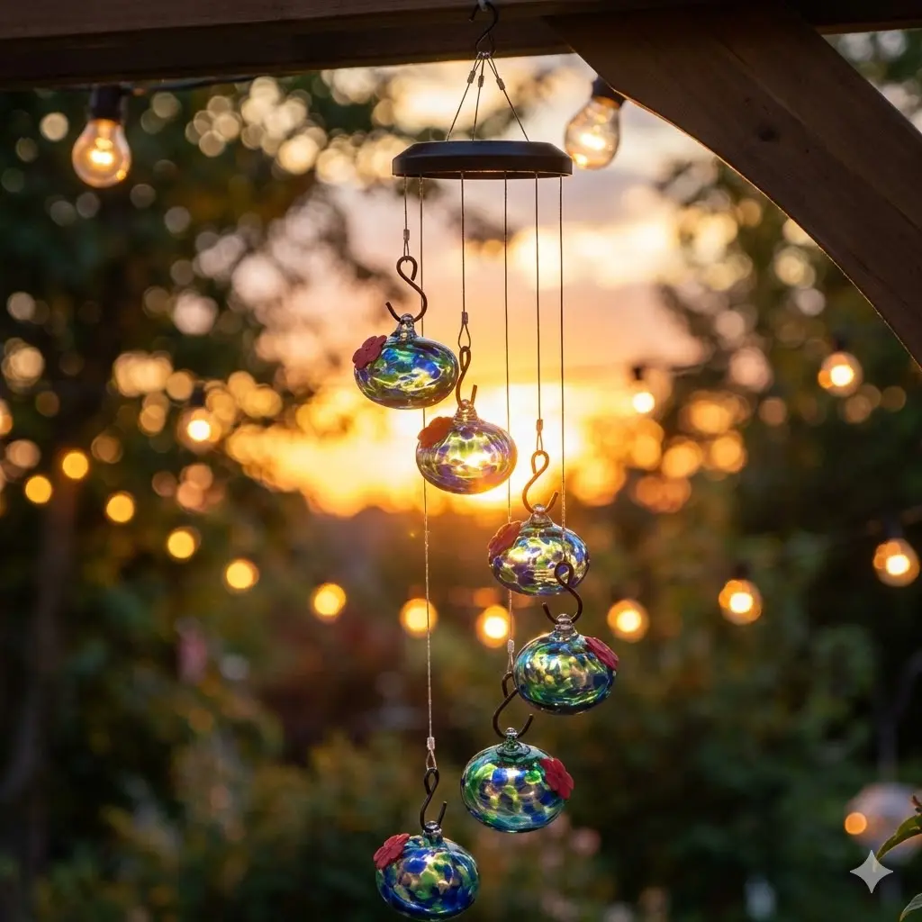 Hummingbird Feeder with Perch - 6 Hand-Blown Glass Feeders, 12 Silicone Flower Ports (Standard + Perch Style), Wind Chime Cascade Design, Outdoor Garden Decor, Mom & Grandma Gift