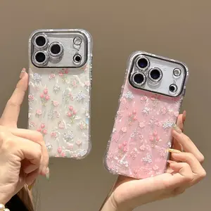 Spring/Summer Tulip Suitable for Apple 17 Promax Phone Case IMD Premium 14 Shell Pattern Fine Hole Explosive Custom Monogram Pink Striped beautiful couple Anime Transparent Soft iPhone