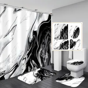 4 Pcs Black and White Decorative Shower Curtain Bathroom Sets with Shower Curtain and Rugs Marble Pattern Shower Curtain Set Bathroom Decor Accessories Bathroom Rugs Toilet Lid Cover Bath Mat and 12 Hooks