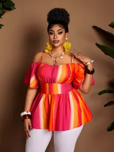 Plus Size Women's Gradient Striped Top, Loose Fit One Shoulder Waist Cinching Shirt, Casual Summer, Beach Vacation, Party, Daily Wear, Womenswear