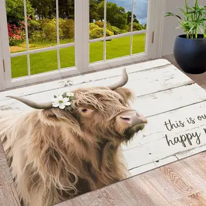 [JIT] Highland Cow Wooden Board Pattern Doormat, Soft Non‑Slip Floor Mat for Entrance Bedroom Bathroom Kitchen, Cow Print Rug, Decorative Rug