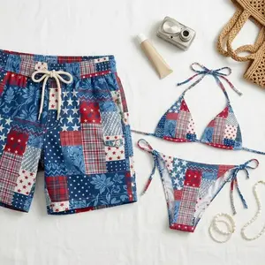 [MATCHING SWIMWEAR SET - SUPER HOT] Matching Swimwear for Couples Bikini Set & Swim Shorts – 4th of July Patriotic Stars and Stripes Swimwear Set,