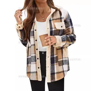 Womens Flannel Jacket Fleece Lined Shacket Fall Outfits Plaid Sherpa Button Down Cozy Warm Winter Coat S-XXL