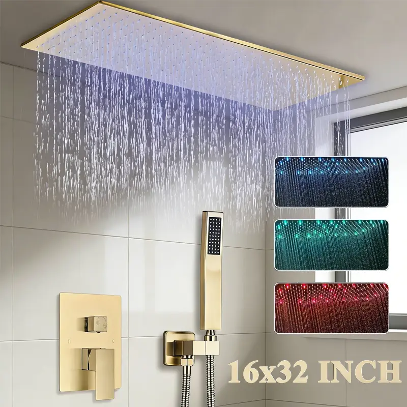 LED Shower Faucet Set Rain Shower System with 16 × 32 Inches Rainfall Shower Head and Handheld Spray Combo Bathroom Shower Faucet Set Complete Brushed Gold Shower Mixing Valve and Trim Kit Ceiling Mount