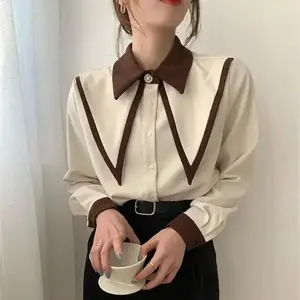 Vintage Chiffon Shirts Elegant Patchwork Long Sleeve Blouses Office Lady Korean Black Turn Down Collar Casual Tops
