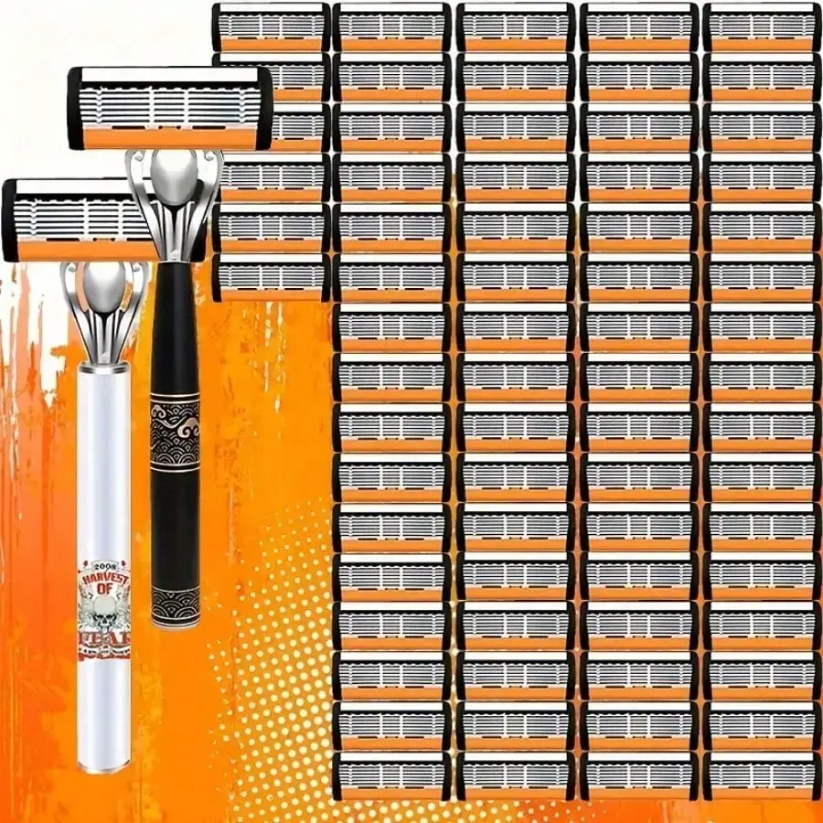 Razor Blade Replacement Set for Men, Shaving Razors, 72 Razor Blades with 2 Handle, High-Quality Stainless Steel Handheld Razor for Daily Use