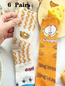 Gatto Garfield Socks Set of 6, Cute Cartoon Mid-Calf Socks for Girls, Fall Winter Fitted Long Socks, All Seasons Wear