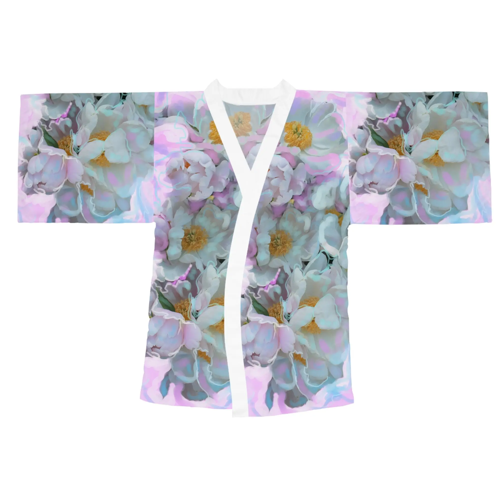 Artist Print Duster with Flowing Bell Sleeves - Lightweight Cover-Up for Layering, Casual Gathering & Relaxation, Lightweight Design, Workwear, Polyester, Long Sleeve, Kimono Robe, Floral, Women, Clothes, Vibrant Flowers, Mid-Length Cut, Uniforms