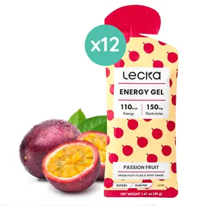 Lecka Energy Gel - Passion Fruit, 12 Pack, 110 Calories, 25g Carbs, Natural Electrolyte Support, Vegan, Caffeine-Free, 1.41 oz Each