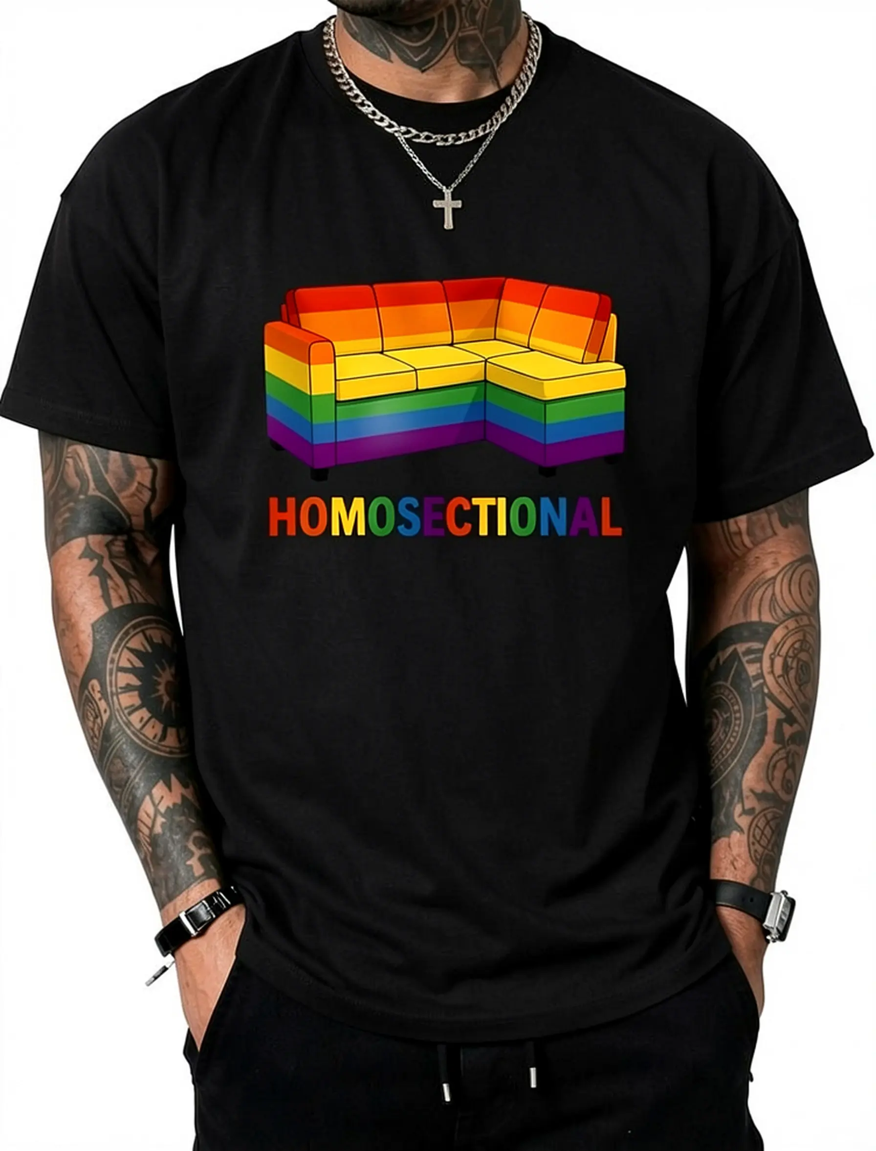 Homosectional LGBT Gay Pride Rainbow Flag Funny Ally T-Shirt Pure Cotton Graphic Tees Menswear Top: Gifts for Men & Women