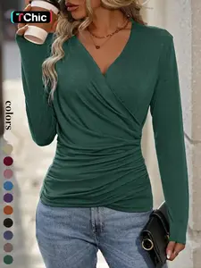 Women's Casual Long Sleeve Top with Criss Cross Neckline, Style Ruched Hem Design, Perfect for Daily Wear & Layering