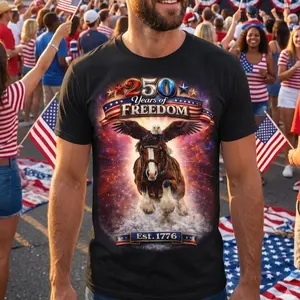 America 250 Years of Freedom T-Shirt/Sweatshirt/Hoodie - Patriotic Eagle & Horse Graphic Tee - 1776 Independence Day Heritage Shirt for Men & Women