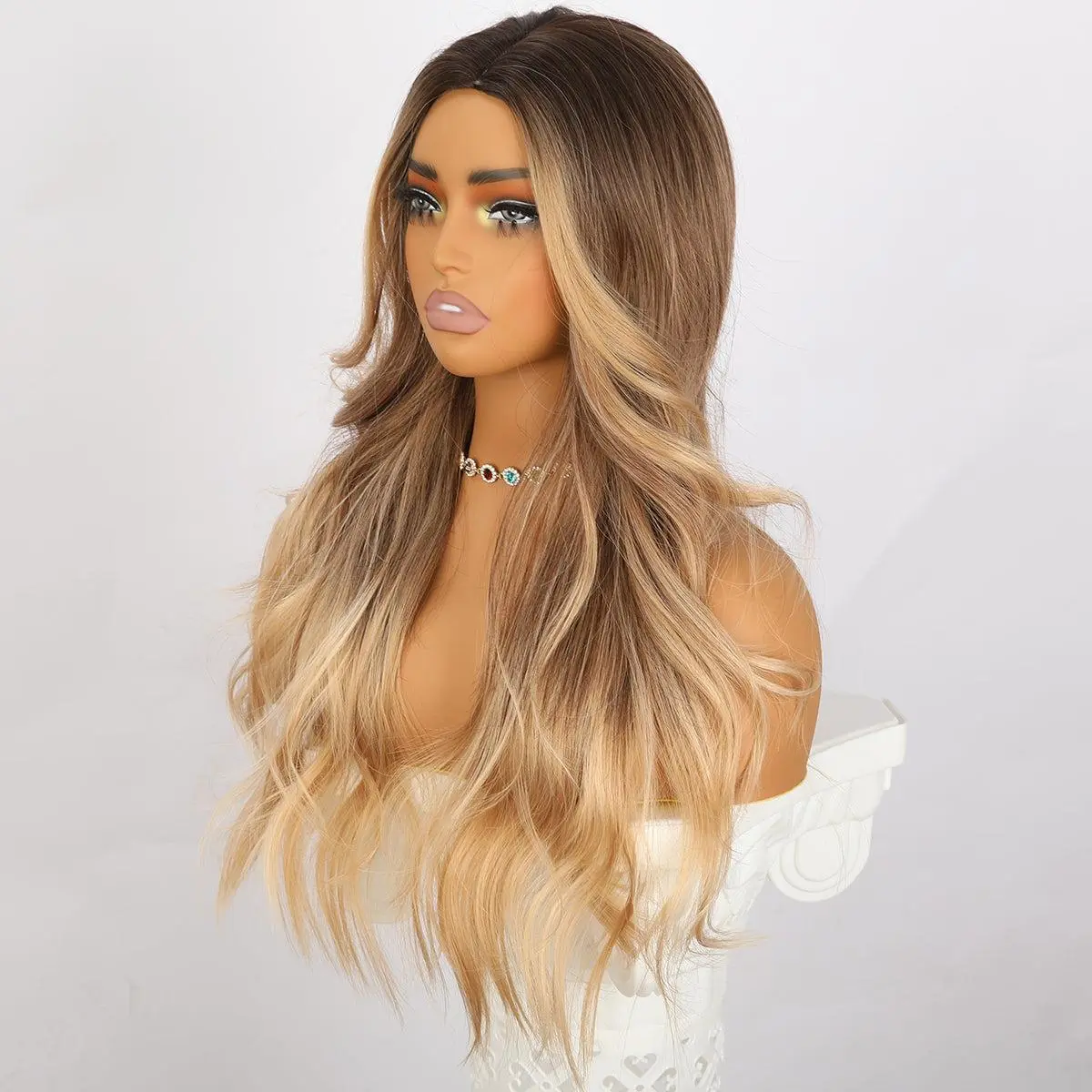 Smilco Women's Synthetic Fiber Wig, 26in Long Wavy Ombre Brown-Ash Blonde Hair, Beginner-Friendly with Adjustable Cap & 2 Adjustment Straps, for Dating, Working, Concerts, Bob Cut