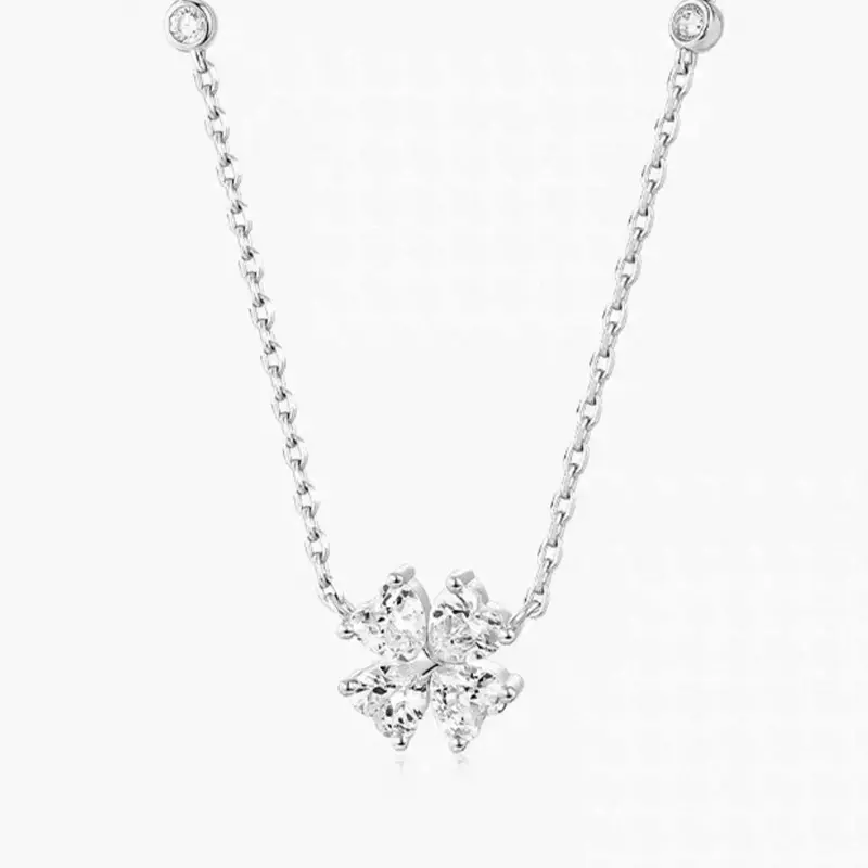 Women's Silver Tone Heart Four Leaf Clover Necklace with CZ Sparkle, Elegant Clover Pendant Necklace, Adjustable Chain Jewelry Gift for Women