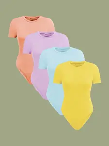 Women's Solid Color Round Neck Bodysuit, Casual Basic Short Sleeve Bodysuit for Summer, Ladies Clothes for Daily Wear