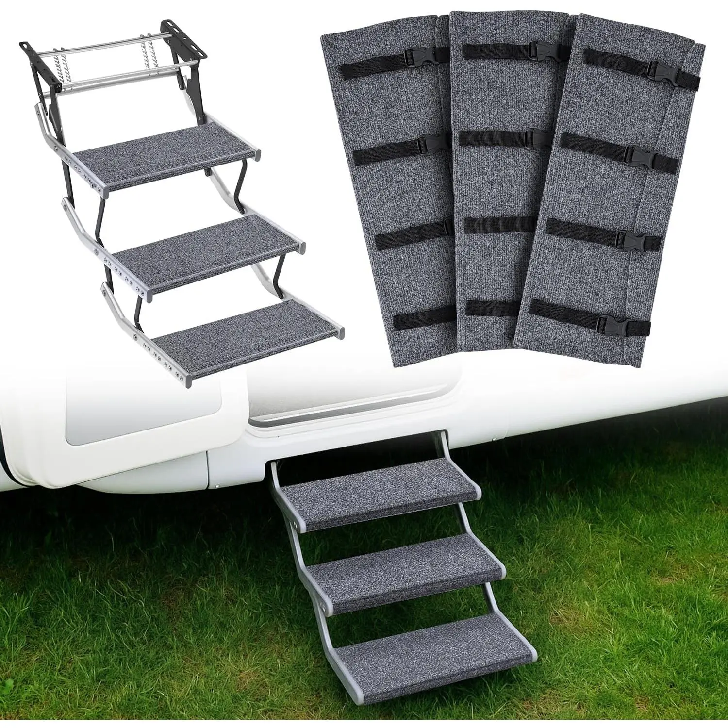 Nilight 3pcs 22-Inch Adjustable Wrap-Around Protective RV Step Covers, 22x19 in Polyester Double Layer Design Gray Carpet, High Quality Buckles, Upgraded Material, Fits 8-11in Deep Camper Trailer Stairs
