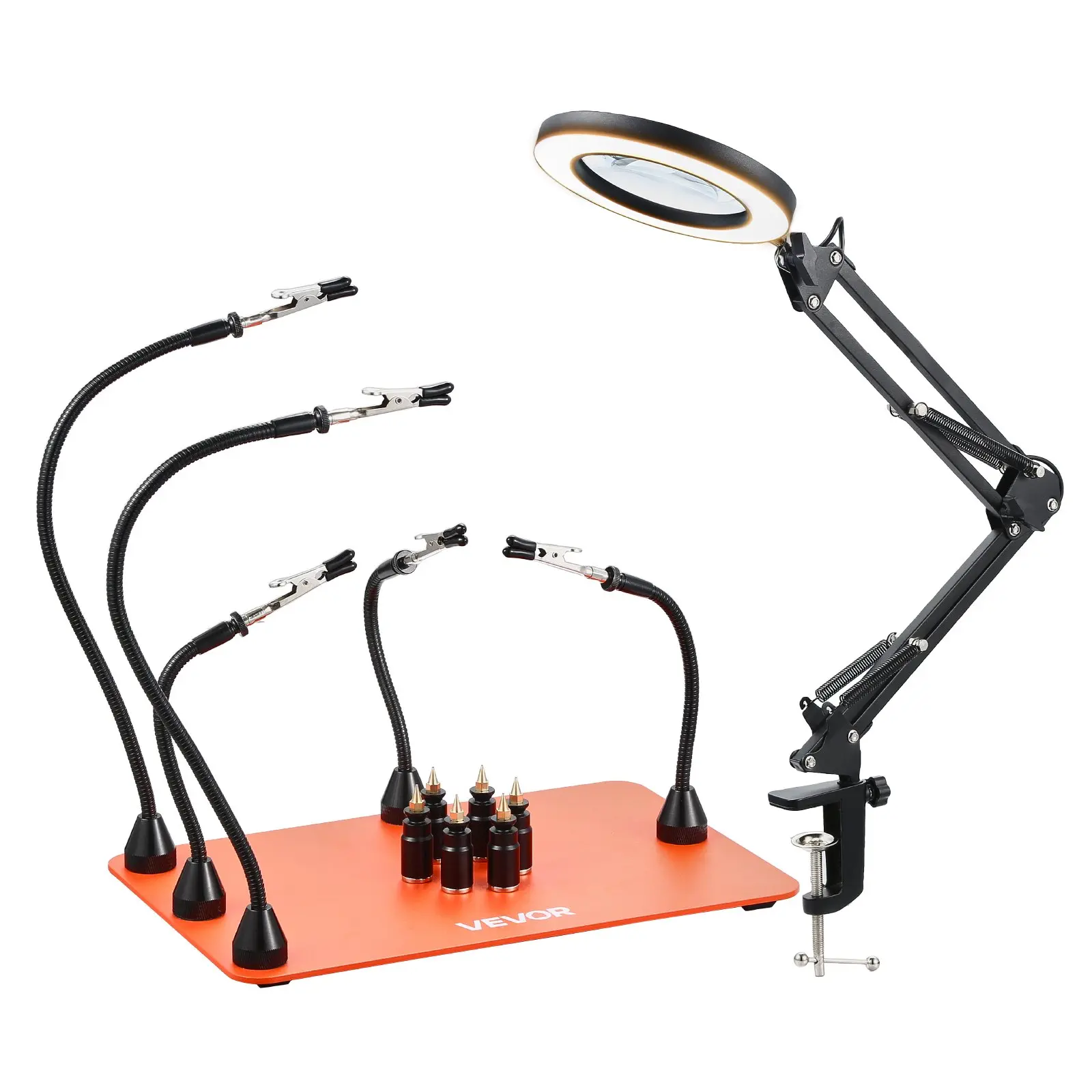 VEVOR Magnetic Helping Hands Soldering Station, 2-In-1 Third Hand Soldering Tool - 3X LED Magnifying Lamp 5 Flexible Arms, 6 PCB Holders, Heavy-Duty Base Station for Electronic Repair Craft Hobby