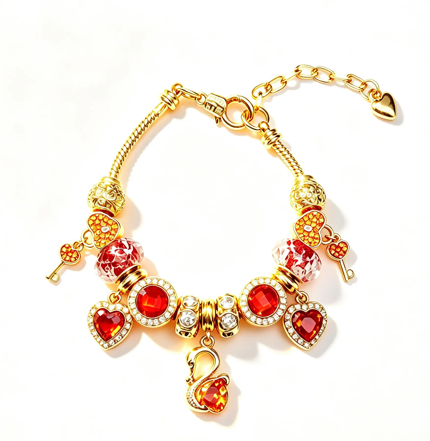 Luxury Red Crystal Charm Bracelet, Shiny Gold Tone Snake Chain Bracelet with Swan, Heart & Key Charms, Adjustable Beaded Fashion Jewelry Gift for Women Girls