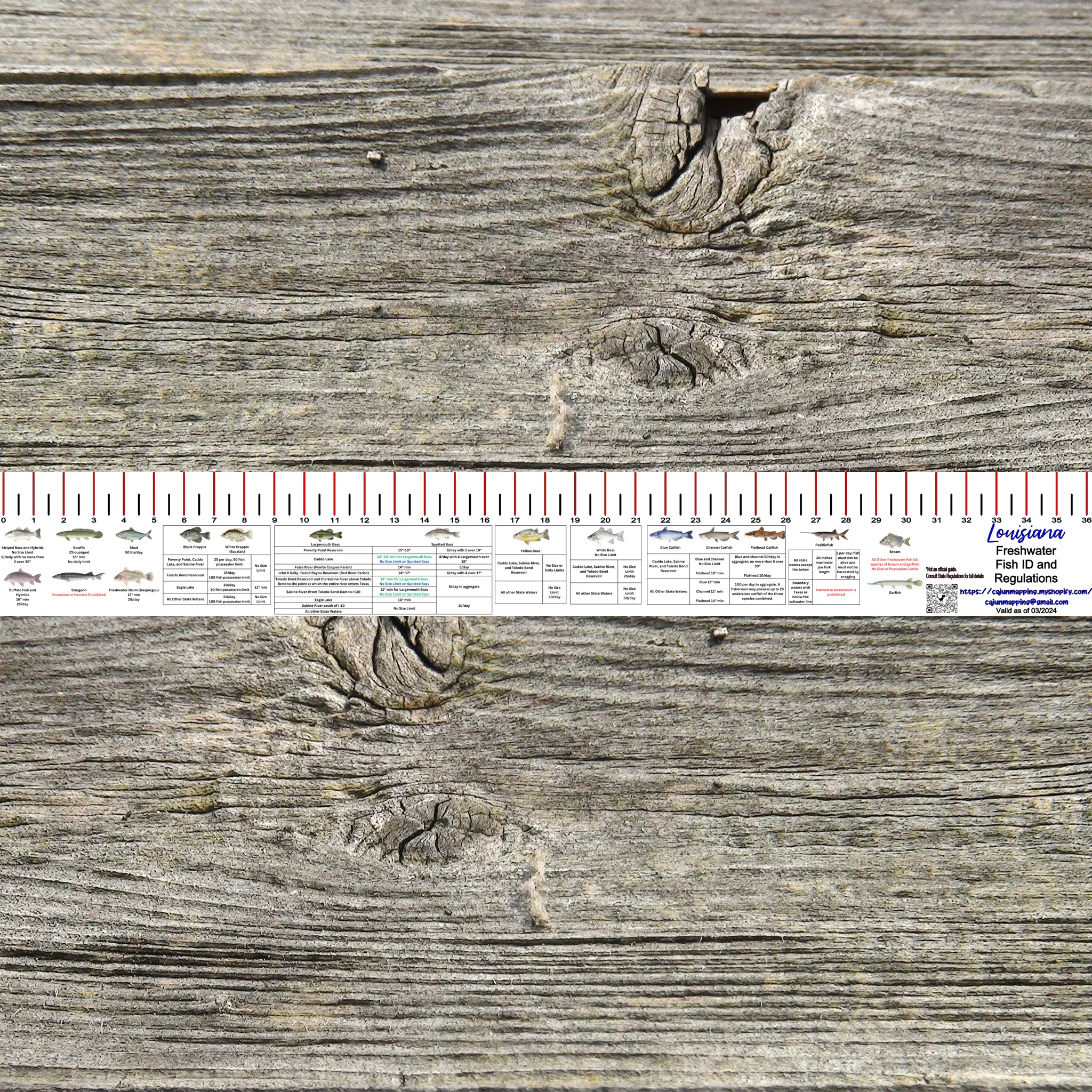 LOUISIANA FRESH WATER RULER 36 INCH FISH ID AND STATE REGULATIONS FISH RULER DECAL