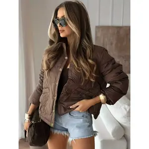 Women’s Solid Color Buttoned Quilted Cotton Jacket, Slim Fit Short Coat 9768, Stylish Winter Outerwear, Comfortable and Warm