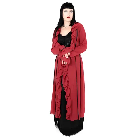 Foxblood Shop Women's Lisa Ruffled Chiffon Long-Sleeve Spandex 1-Piece Nightwear Duster for Sleep & Relaxation