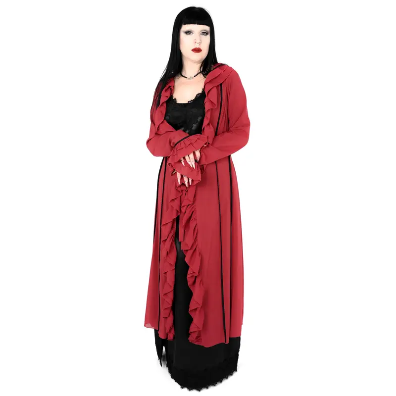 Foxblood Shop Women's Lisa Ruffled Chiffon Long-Sleeve Spandex 1-Piece Nightwear Duster for Sleep & Relaxation