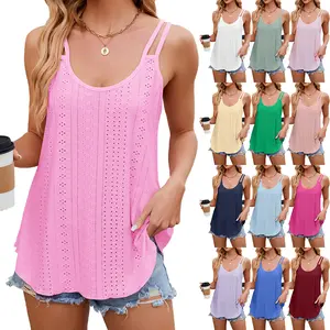 Women's Summer Tank Tops Double Spaghetti Strap Sleeveless Shirts Casual Scoop Neck Pointelle Knit Loose Fit Tunic Blouse
